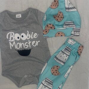 Boogie Monster onesie with hat and kind pj pants very adorable